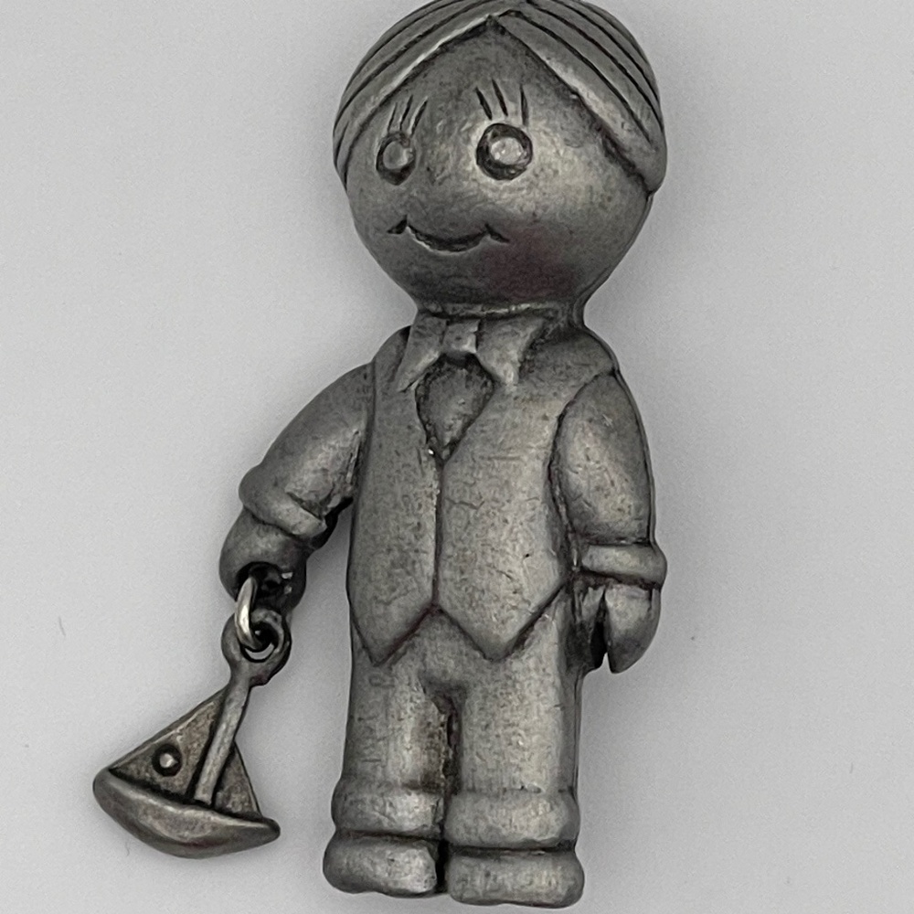 Vintage L. Razza Silver-tone Pewter Small Boy With Toy Boat Charm Pin Brooch